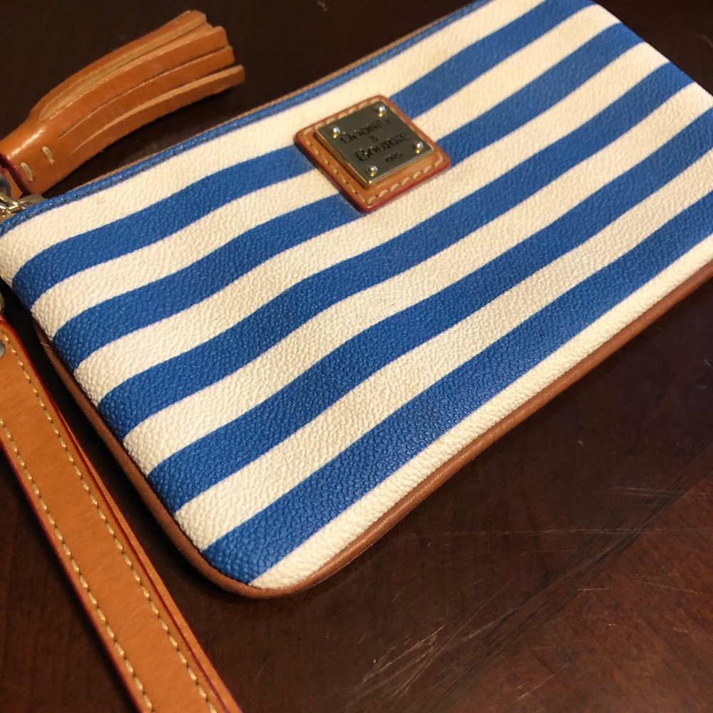 Dooney & Bourke Blue and White Striped Wristlet with Tan Trim
